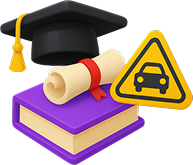 Graduation cap, diploma, and car warning sign symbolizing road safety education and driving certification.