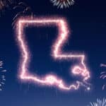 Image of fireworks forming the outline of Louisiana