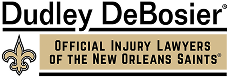Official Injury Lawyers of the New Orleans Saints logo featuring a fleur-de-lis symbol on a beige and black background.